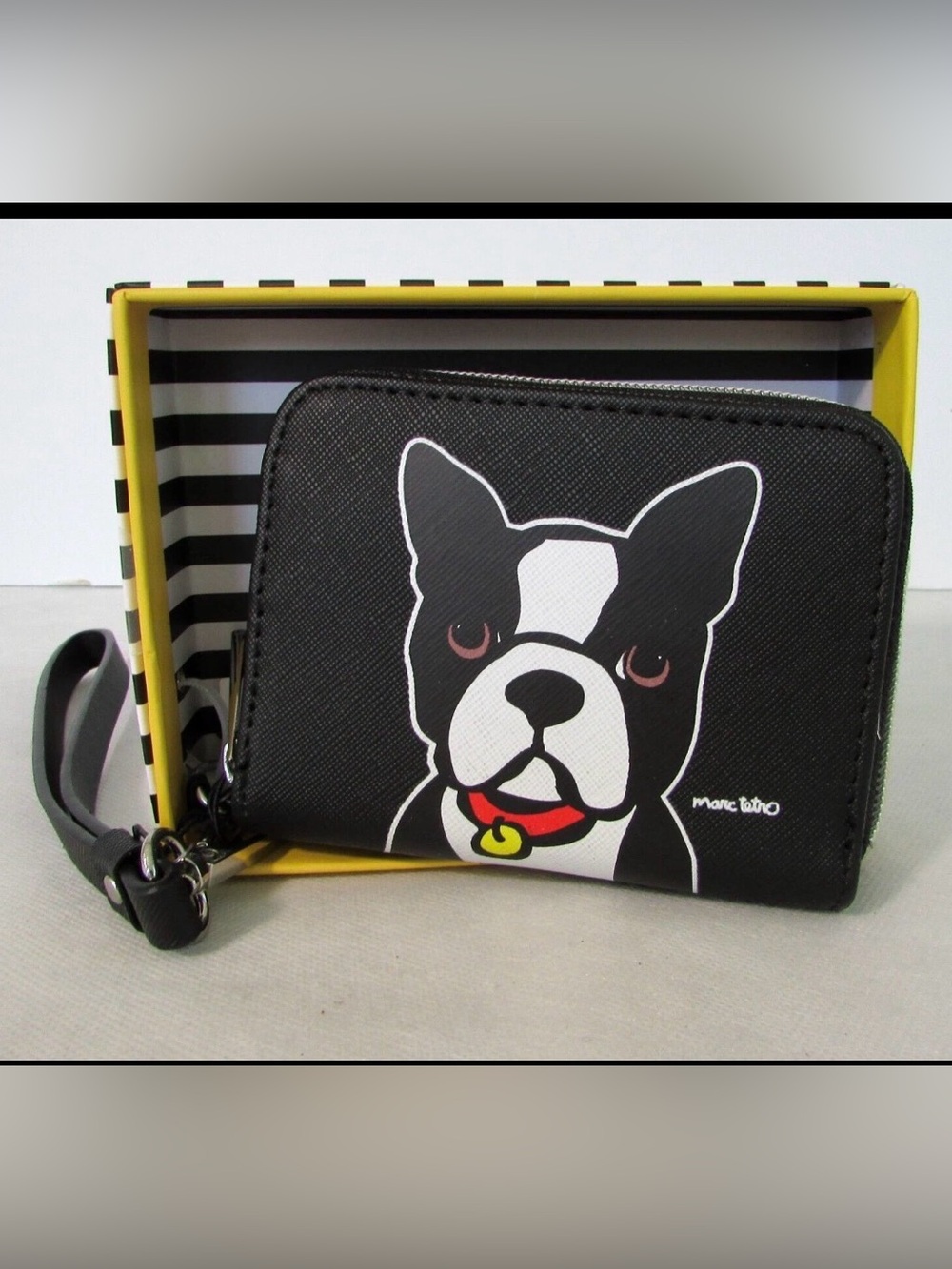 Marc Tetro Boston Terrier Dog Zip Around Black Wristlet Wallet NWT